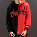 Patchwork hooded sweatshirt with letter printing in white and gules, loose fit, sizes S-2XL.