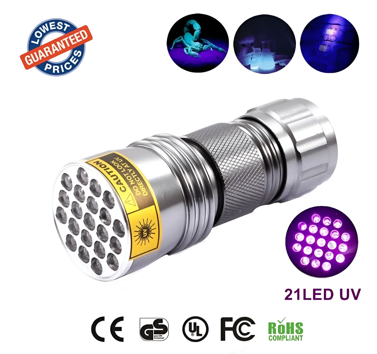 21 LED UV flashlight with violet light in silver aluminium alloy body