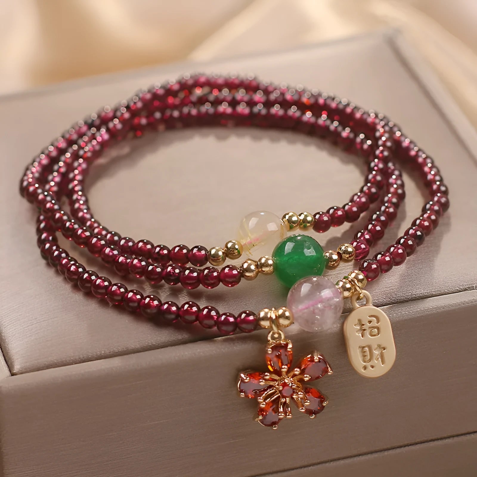 Pomegranate red cherry blossom crystal bracelet for women with sequin decoration on delicate chain