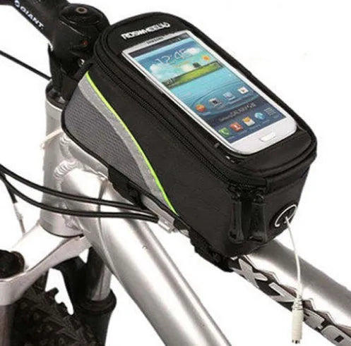 Waterproof PVC bicycle frame phone bag in black, mounted on bike with iPhone inside