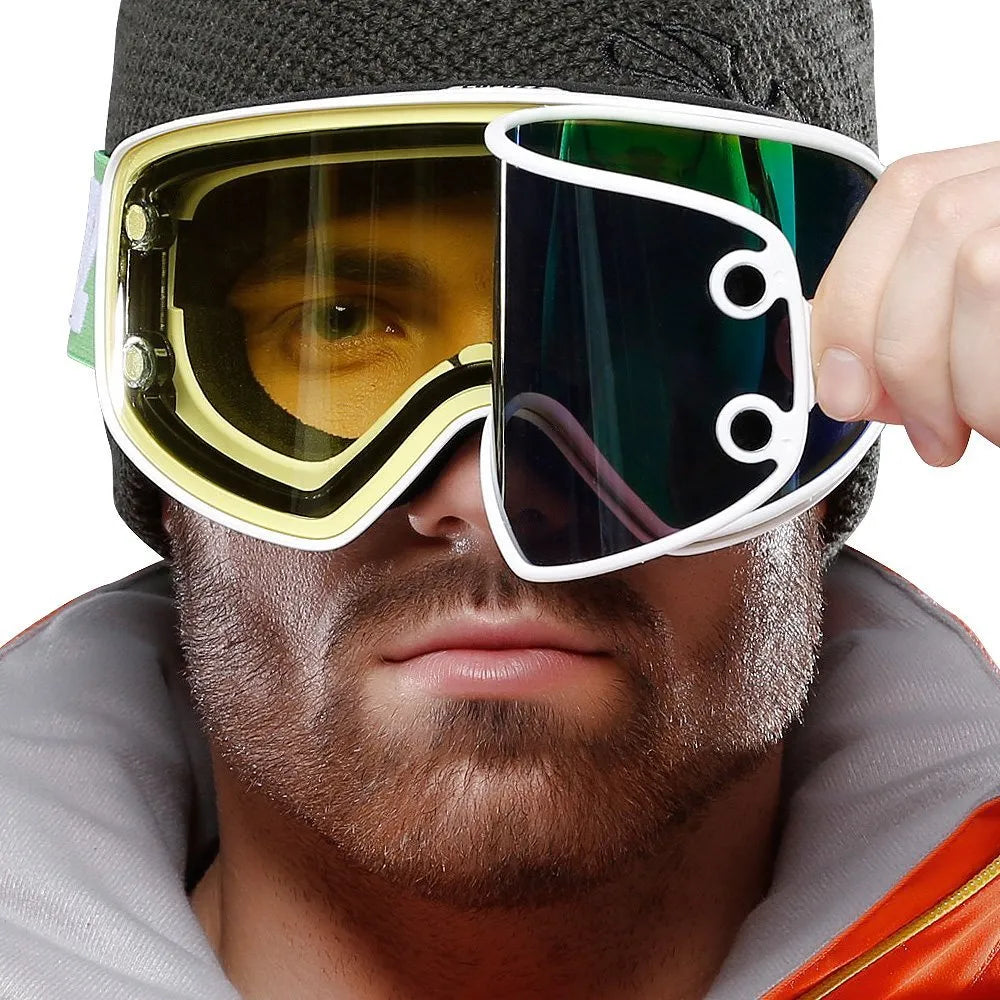 Magnet myopia ski goggles with double-layer PC+TPU construction, anti-fog, and night vision, in blue frame