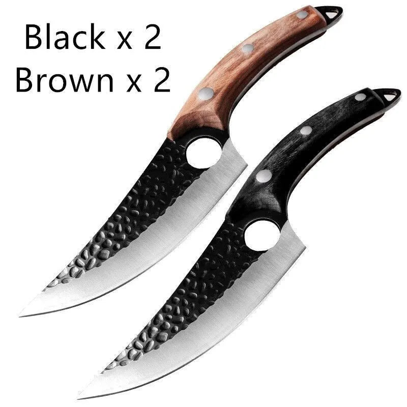Slaughter and boning knife with curved blade, hammer pattern finish, ring handle, and brown leather sheath.