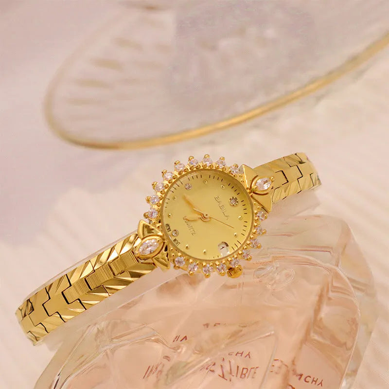 Women's quartz bracelet watch with gold dial and 5A diamond embossed pattern