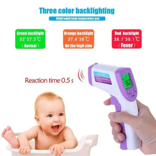 White PK58B non-contact infrared thermometer held near adult forehead with LCD screen showing temperature