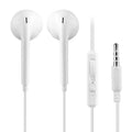 White plug-in stereo headset with 3.5mm wired connection and plastic earbuds