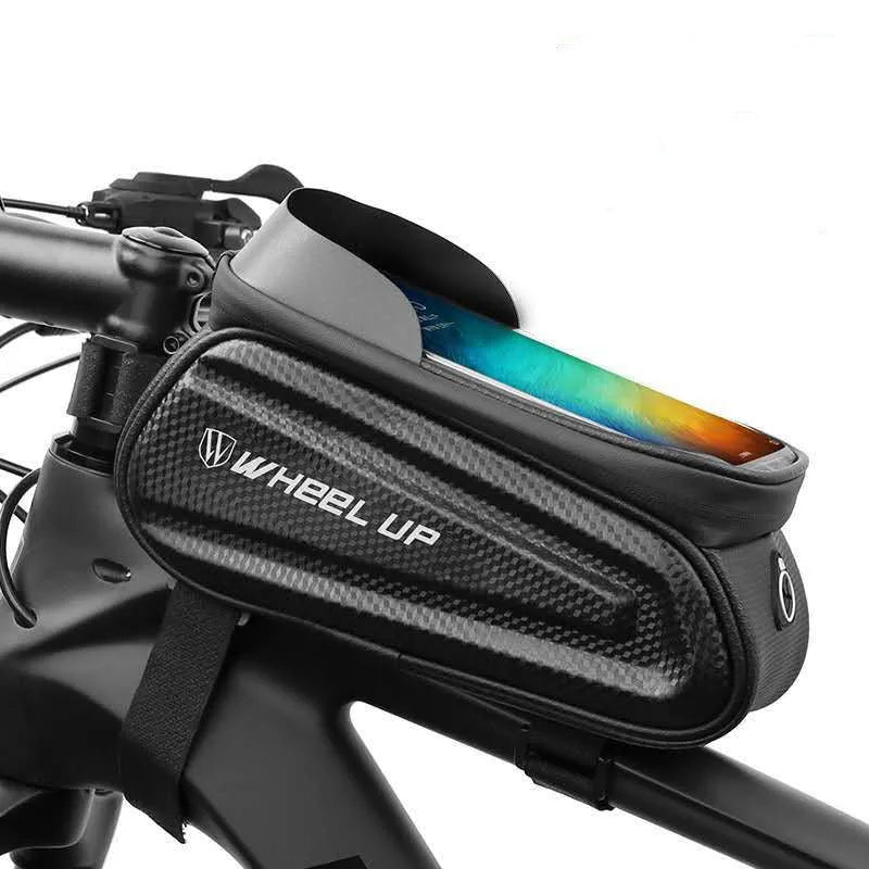 Black grey EVA bicycle phone bag with touchscreen window and reflective straps mounted on mountain bike frame