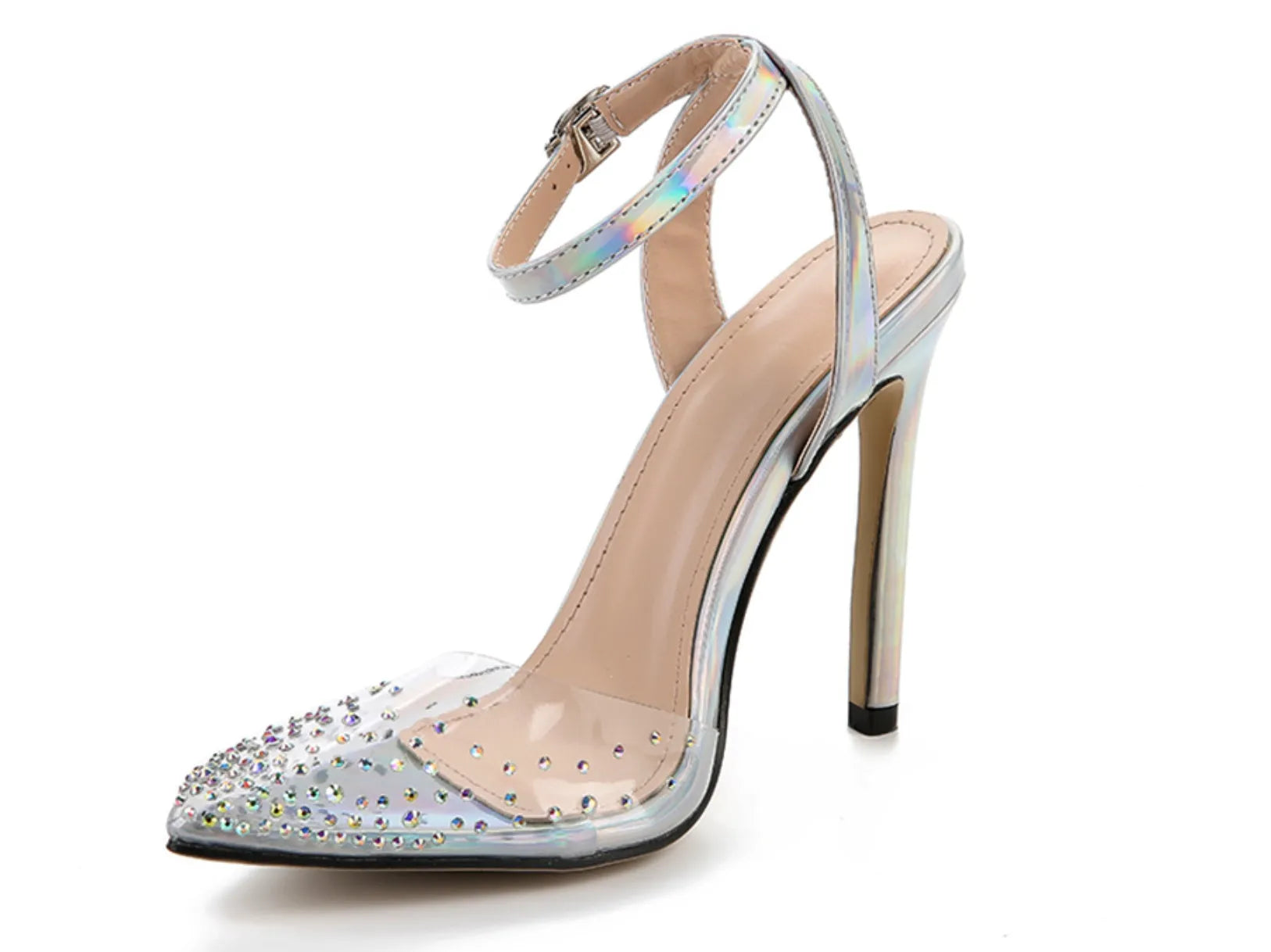 Gold glitter pointed toe stiletto sandals for women on a white background