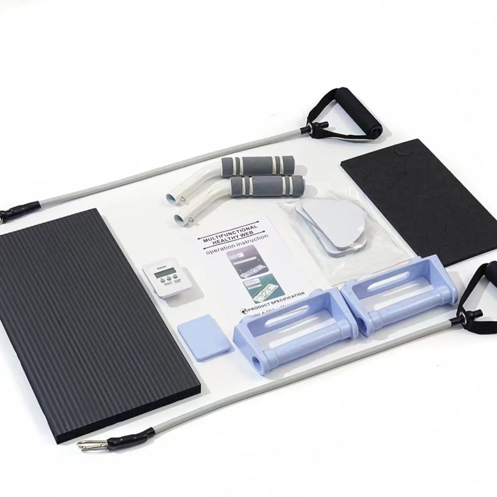 Purple portable foldable PP fitness board for abdominal exercises on a wooden floor.