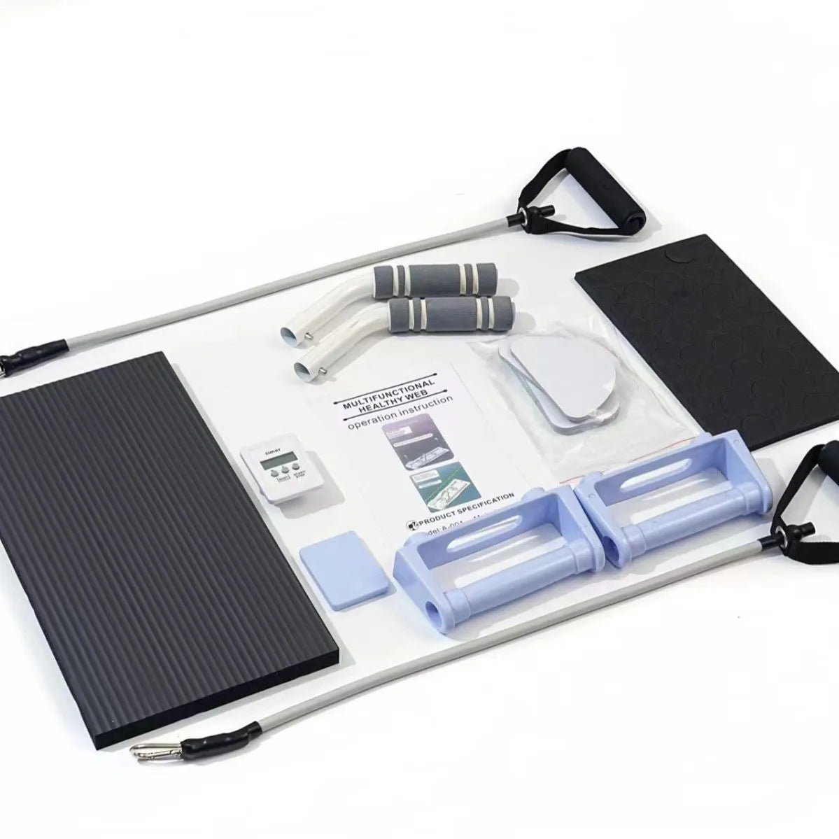 Purple portable foldable PP fitness board for abdominal exercises on a wooden floor.