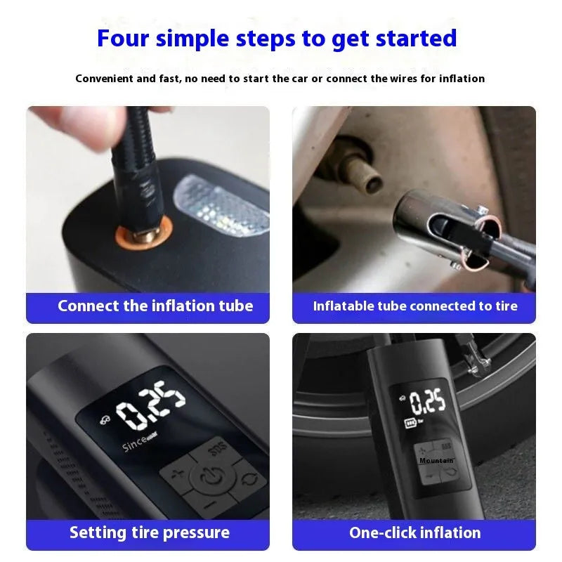 Vehicle air digital display portable wireless tire inflator with ABS metal body, warning light, and USB port