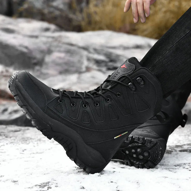 Cowhide leather hi-top hiking shoes for men and women in black, brown or beige