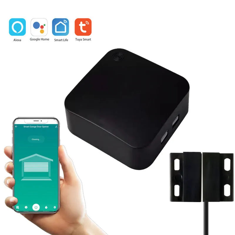 Black plastic Wi-Fi garage door controller with USB port for smart remote control