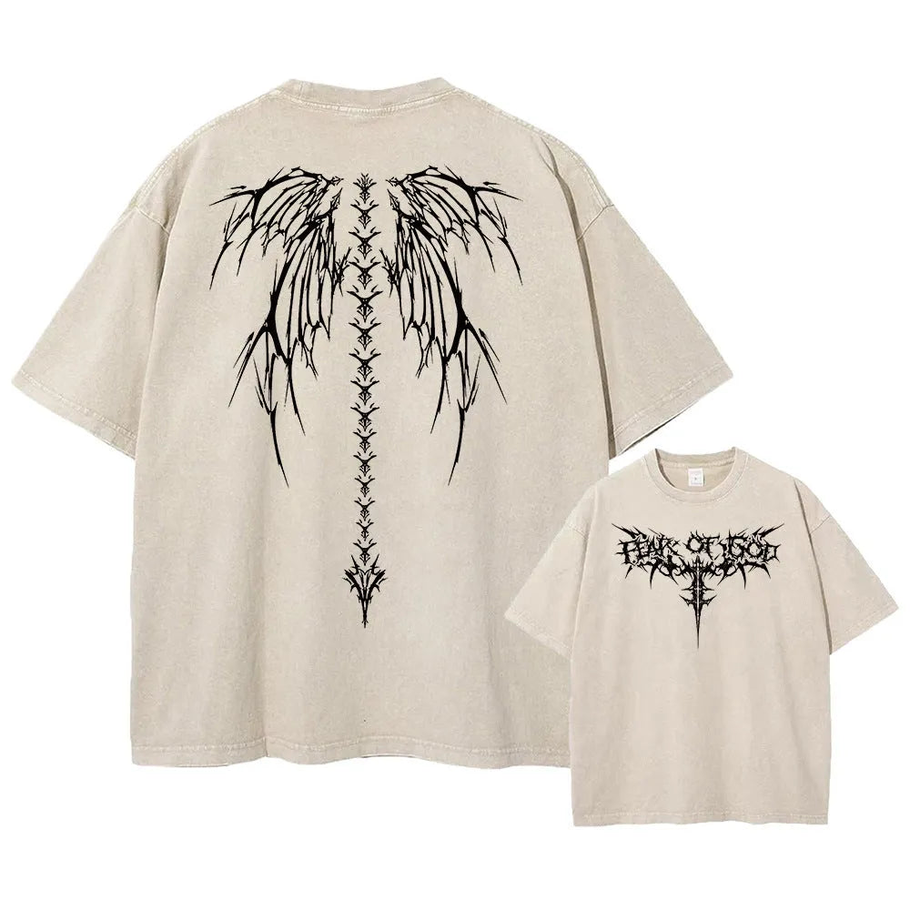 Loose-fit oversized men's cotton T-shirt with drop-shoulder short sleeves on a hanger.