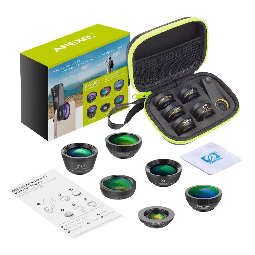Black 6-in-1 smartphone camera lens kit with fisheye, wide-angle, telephoto lenses and filters in a case.