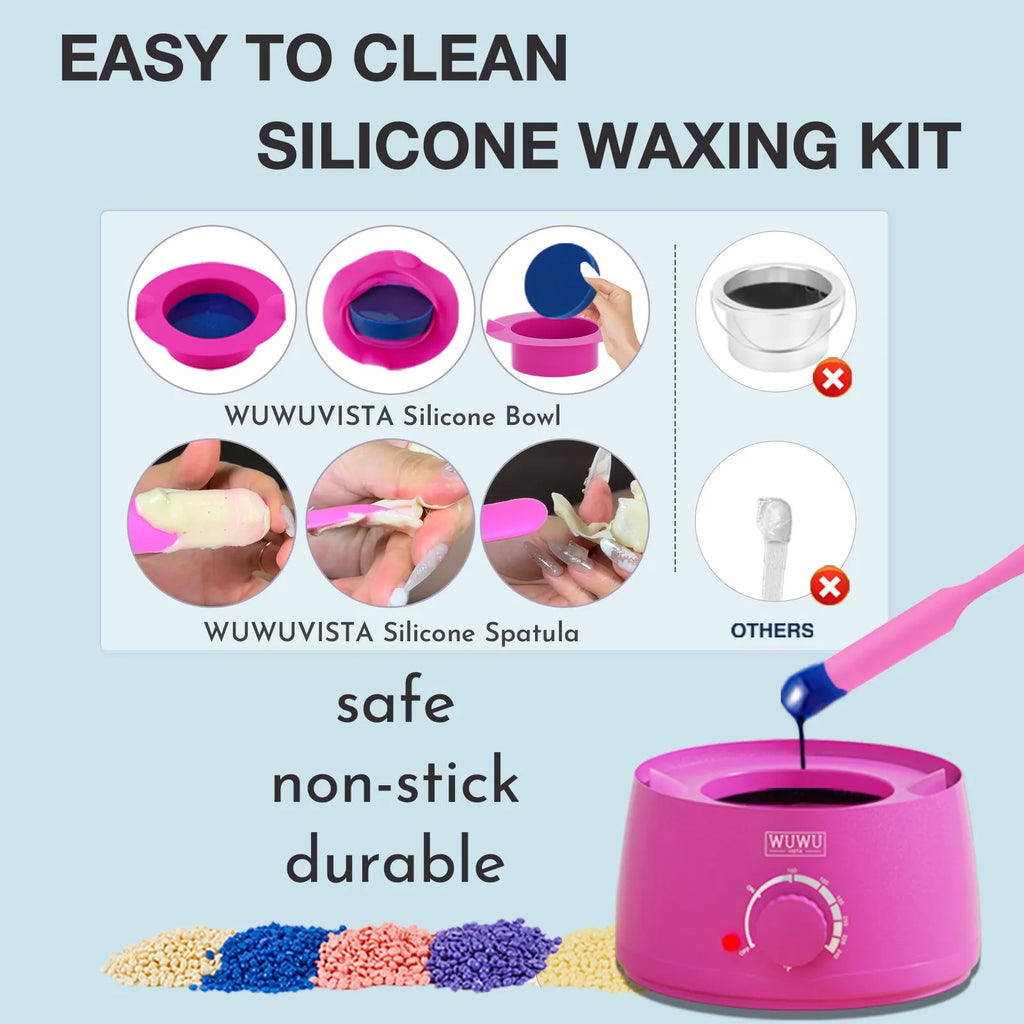 WUWUVISTA 63-piece waxing kit with black warmer, wax beads, applicator sticks, and lotion