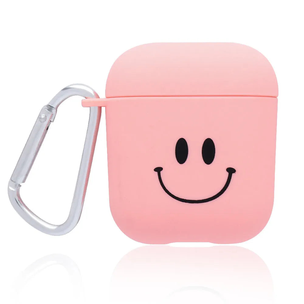 Black and Pink AirPods case covers with Flower, Love, and Smiley face emoji designs.