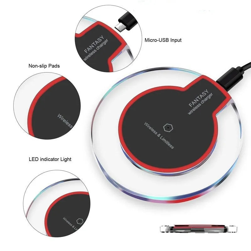 Round black QI wireless charging pad with USB cable for Samsung and iPhone phones