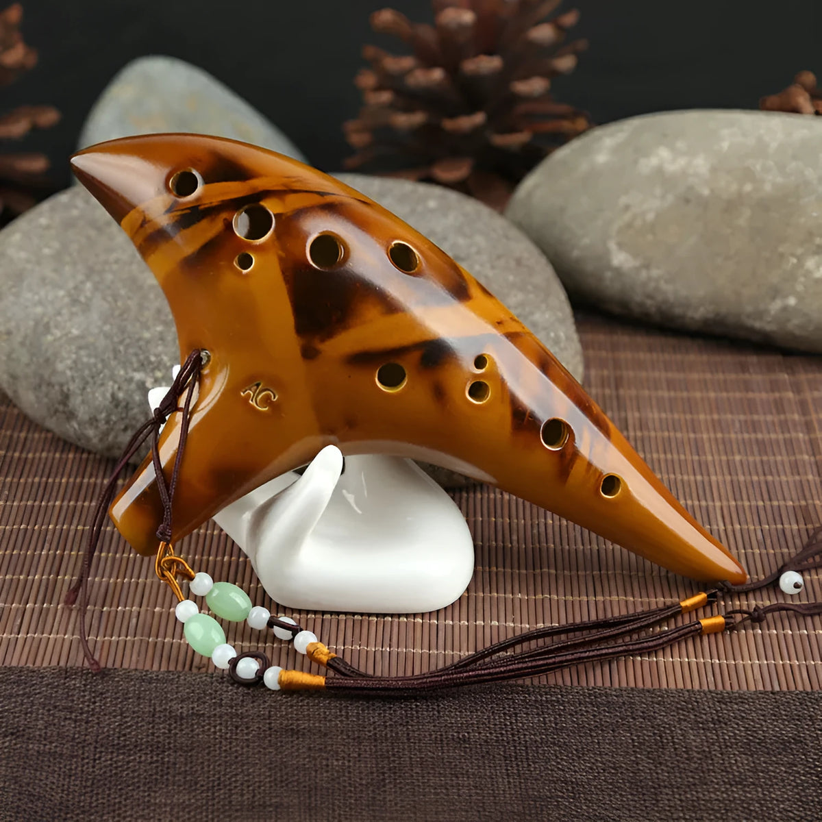 Yellow 12-hole ceramic ocarina in Alto C with 13-note C major range, integrated lanyard, bag and cable
