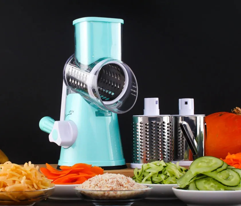 Manual round mandoline vegetable slicer with stainless steel blades in blue colour