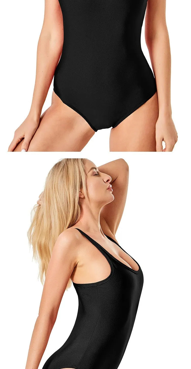 Black solid colour brief style ladies nylon swimsuit for swimming and wading sports