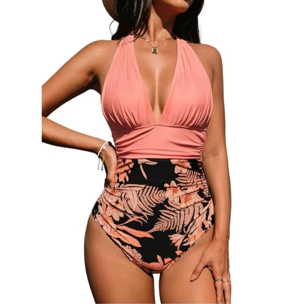 Women's halter neck one-piece swimsuit in polyester fabric with multiple pattern options