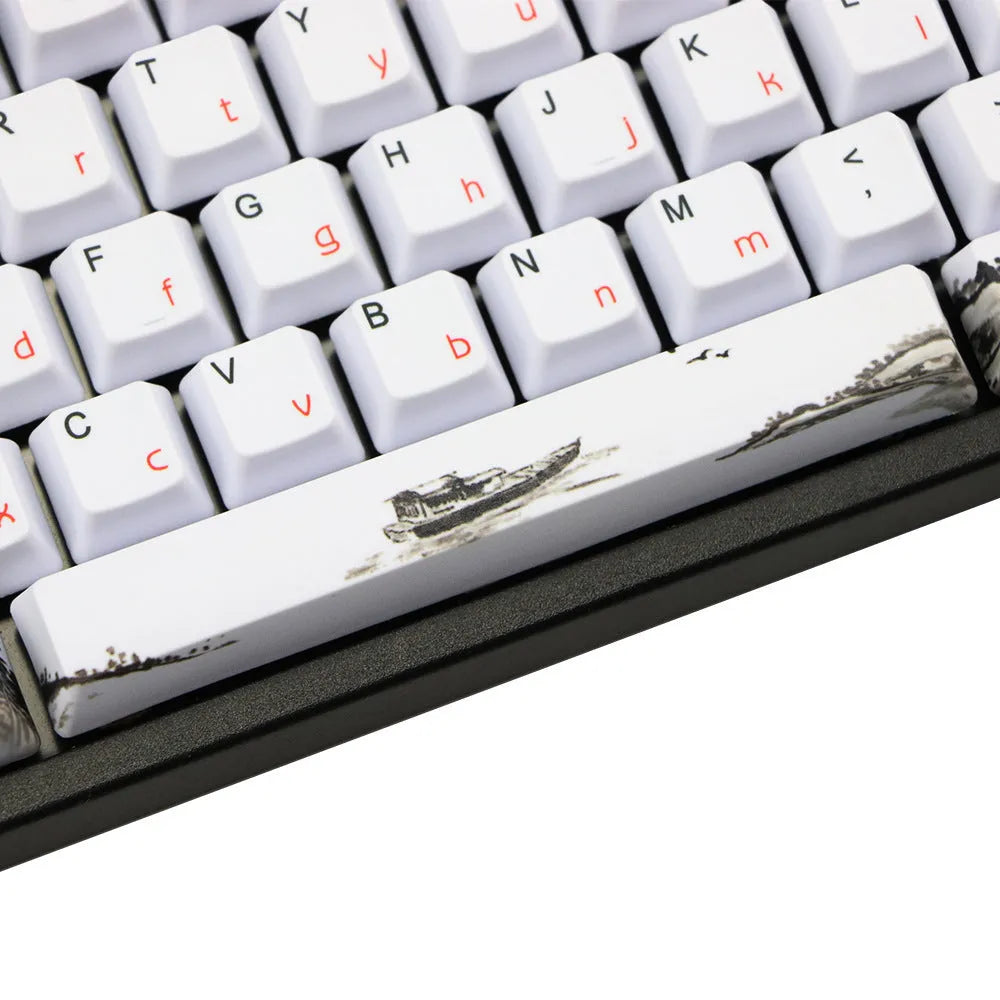 Set of 109 PBT keycaps with plum blossom design on a black background, showing Japanese legend style.