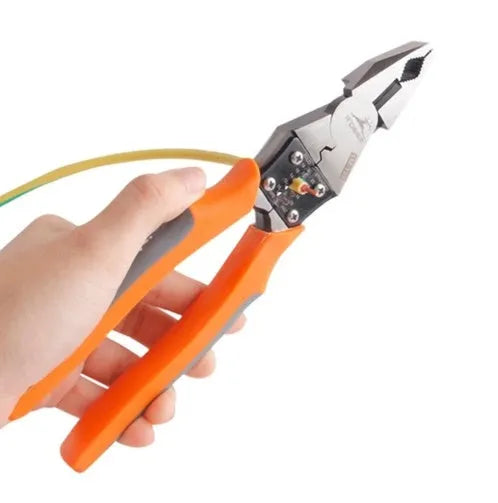 Orange multi-function wire cutter pliers with chrome steel head and textured plastic grips.