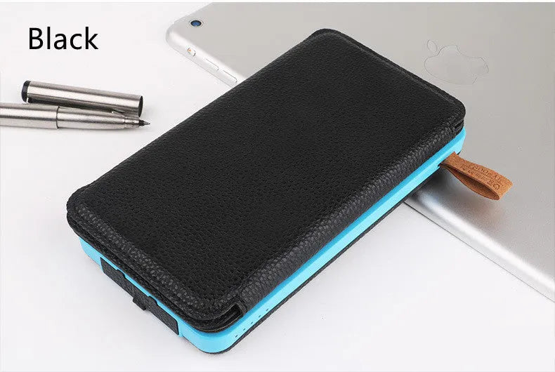 Solar power bank with solar panel showing black, blue, green and orange colour options
