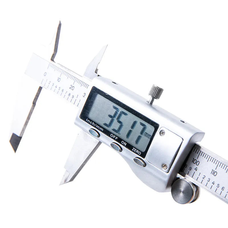 Deli digital vernier caliper with stainless steel construction and digital display showing 0.01mm resolution