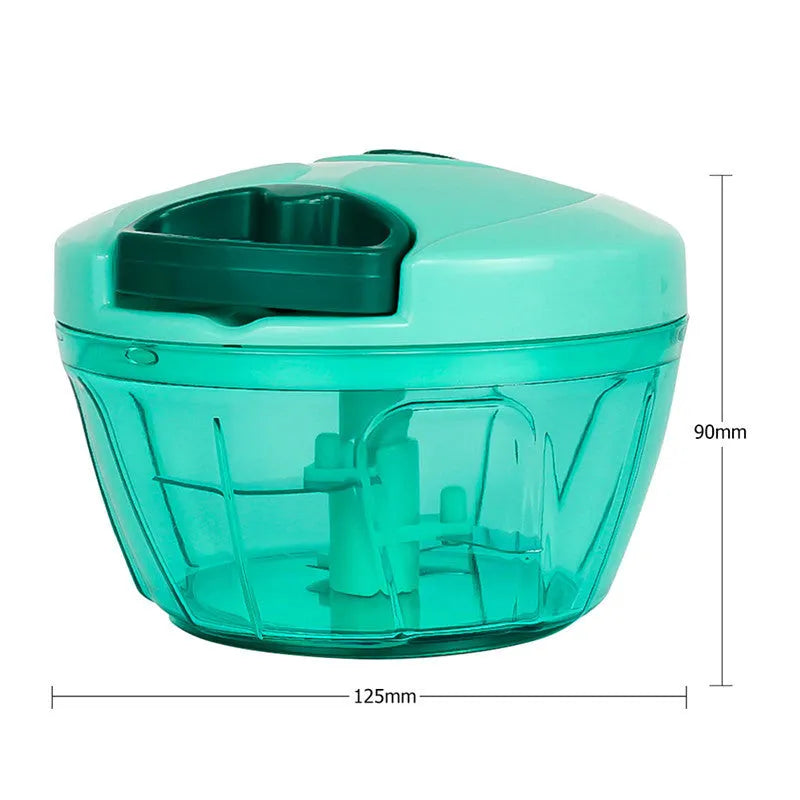 Green manual kitchen chopper with three stainless steel blades inside a clear 500ml bowl.