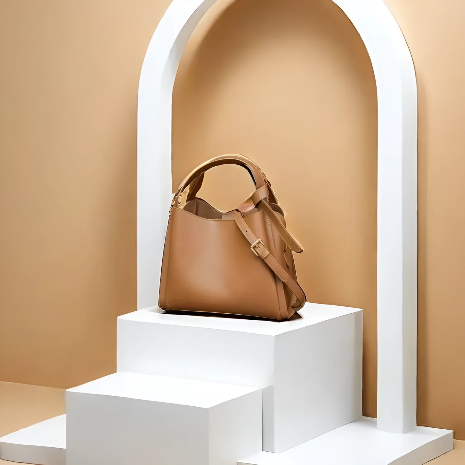 Genuine leather women's crossbody bag in tea brown showing bucket shape and crossbody strap
