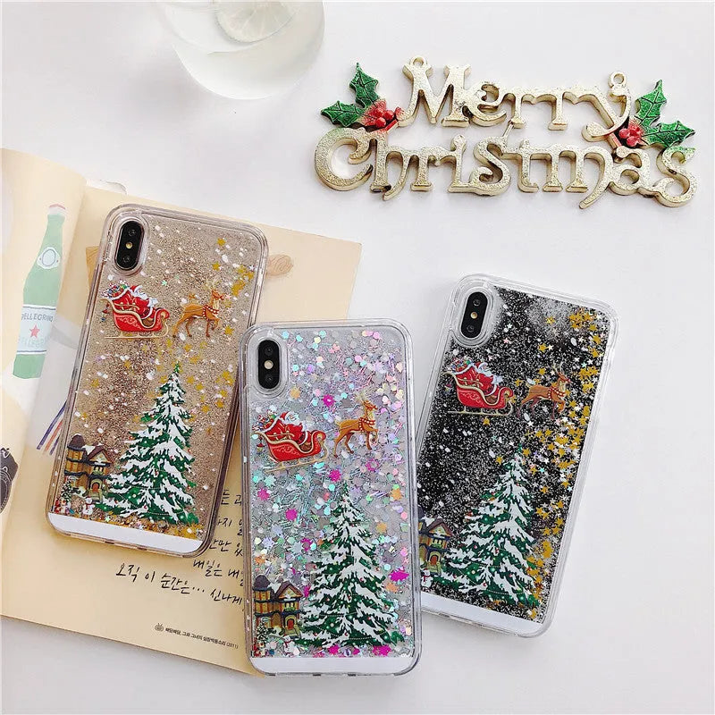 Christmas quicksand design iPhone case showing transparent double layer TPU and PC construction