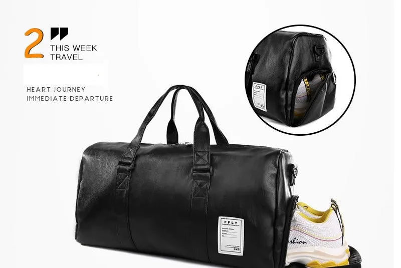Black waterproof sports bag with separate side shoe compartments and diagonal shoulder straps