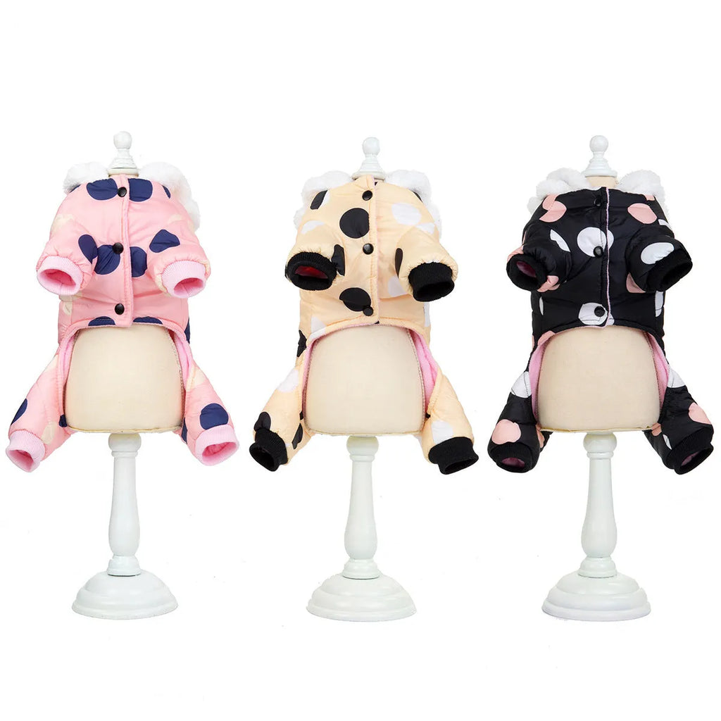 Warm big polka dot four-leg cotton pet coat in black, light yellow, or pink, sizes S to XXL