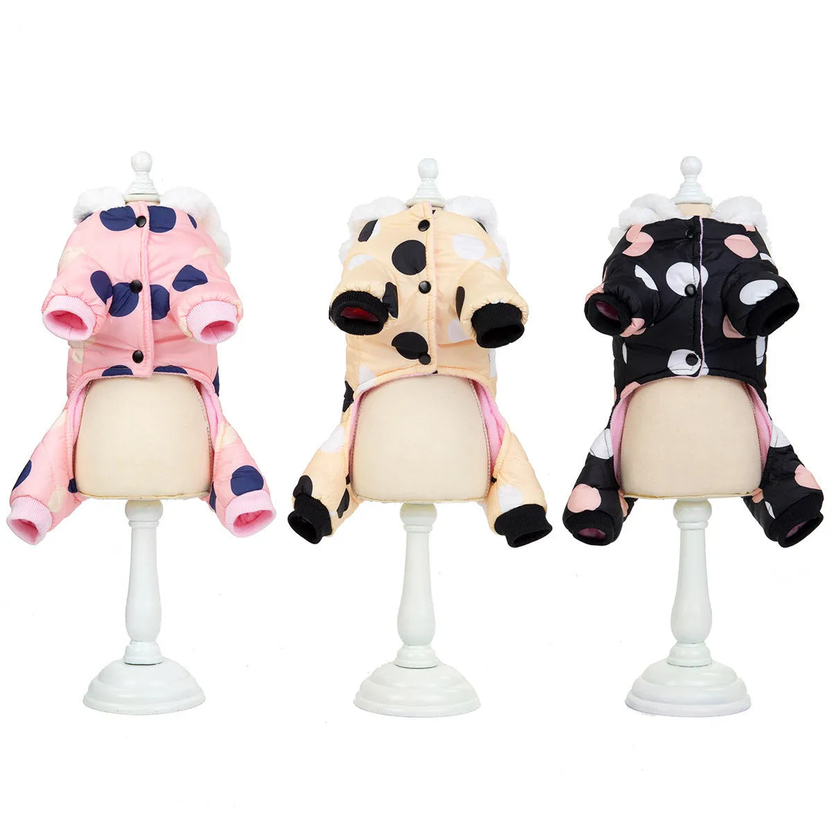 Warm big polka dot four-leg cotton pet coat in black, light yellow, or pink, sizes S to XXL