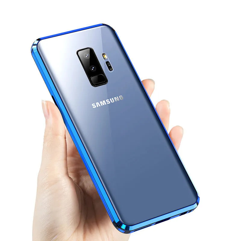 Samsung smartphone in a black clamshell magnetic case with anti-peeping screen, shown open and closed.