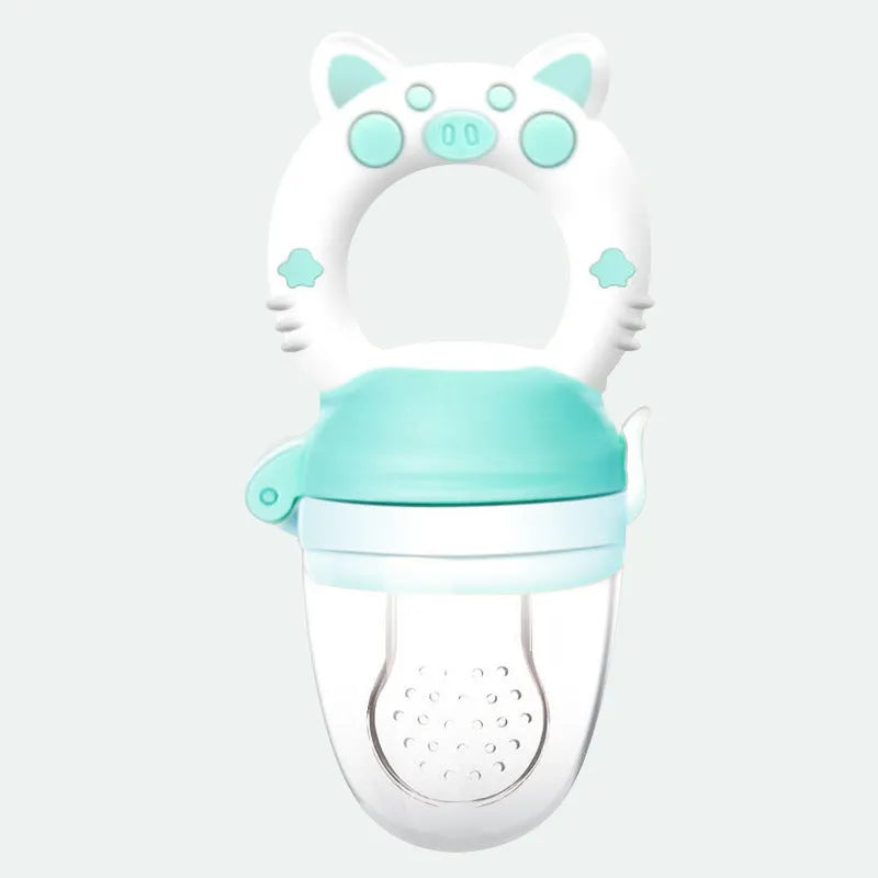 Silicone baby teether in blue, green, or pink with textured mouthpiece for gum relief