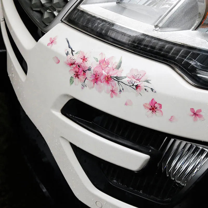 Cherry blossom flower pattern car sticker on vehicle window showing waterproof PVC material