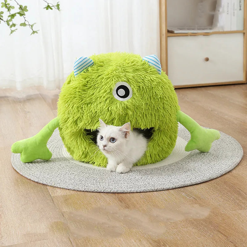 Fluffy round cat bed with plush material and non-slip bottom in three size options