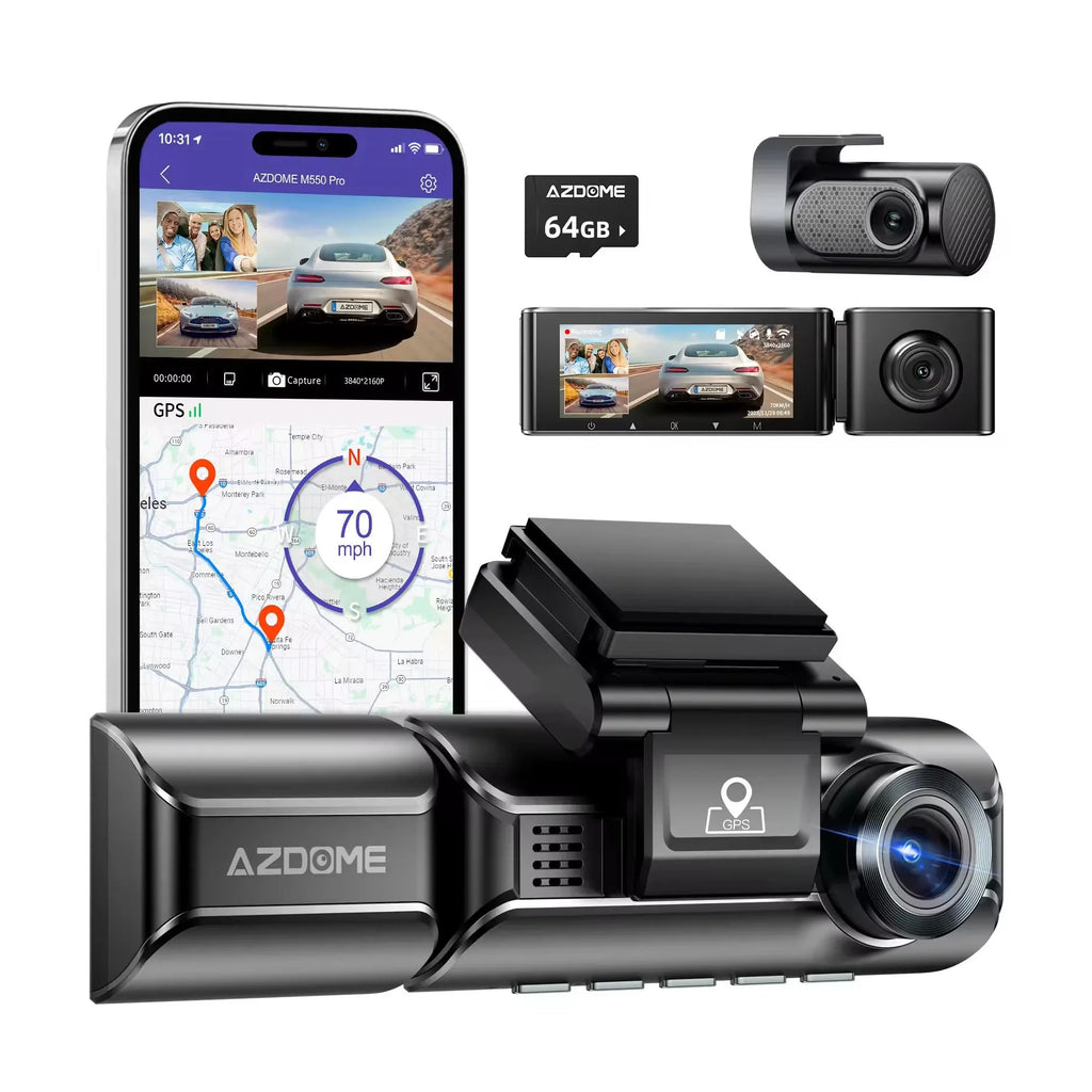 Black car dash cam with front and rear lenses, 3-inch screen, WiFi GPS, mounted on windshield bracket
