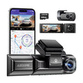 Black car dash cam with front and rear lenses, 3-inch screen, WiFi GPS, mounted on windshield bracket