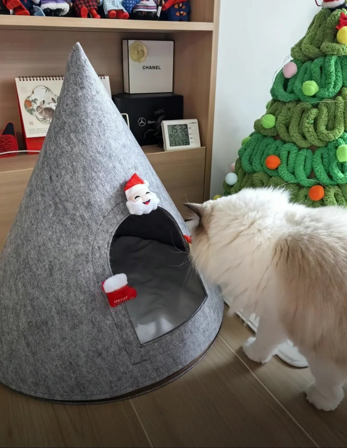 Grey handmade felt cone cat house measuring 50cm diameter by 51cm height