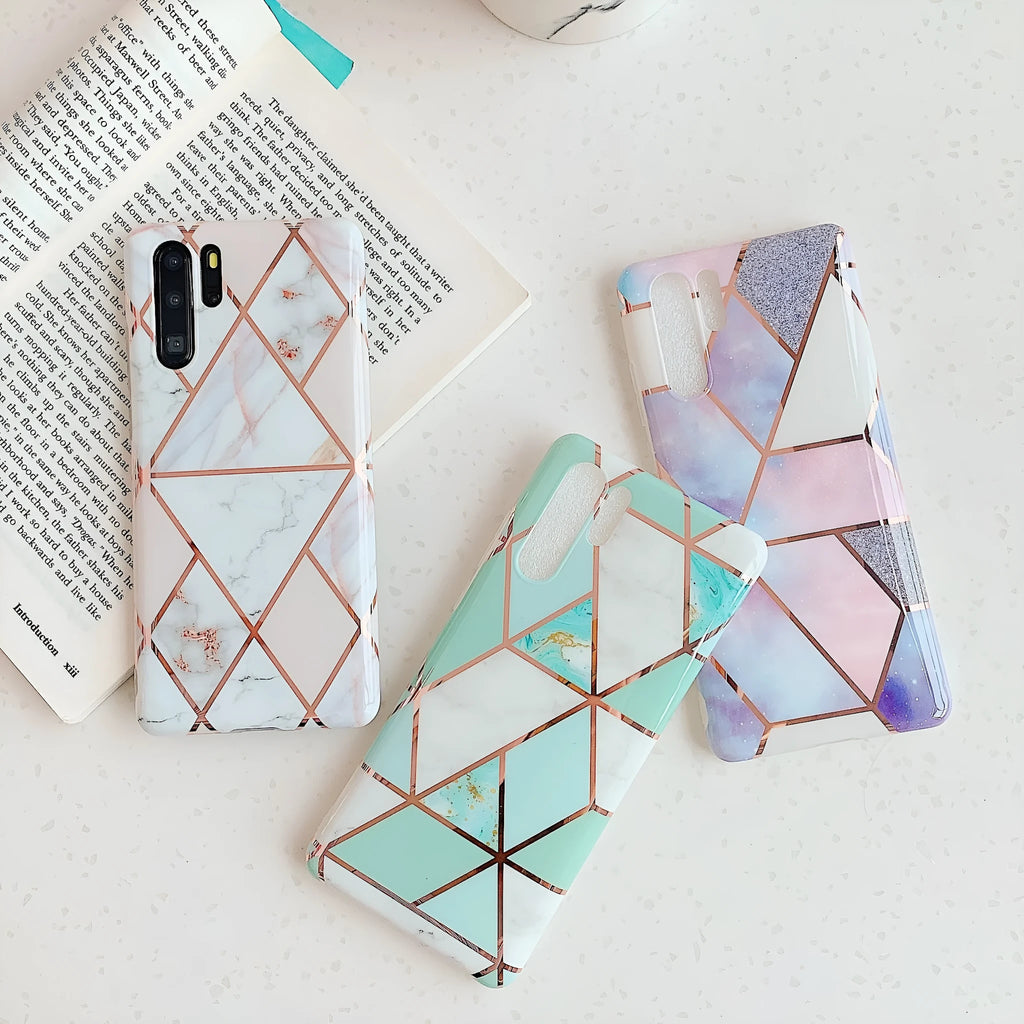 Electroplated marble pattern TPU phone case for Huawei and Samsung smartphones in various colours.