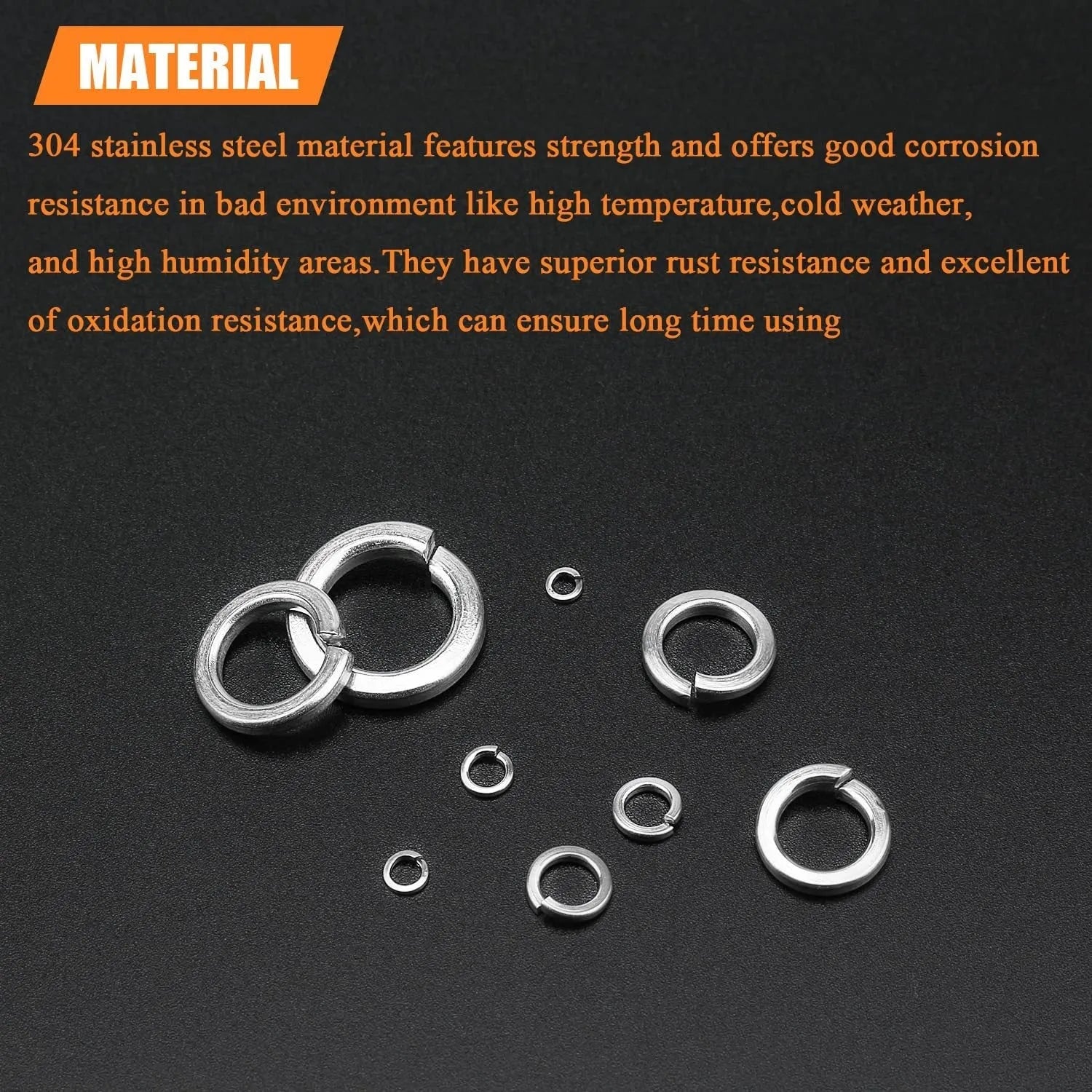 Open box showing assortment of 304 stainless steel spring lock washers in various sizes on a white background.