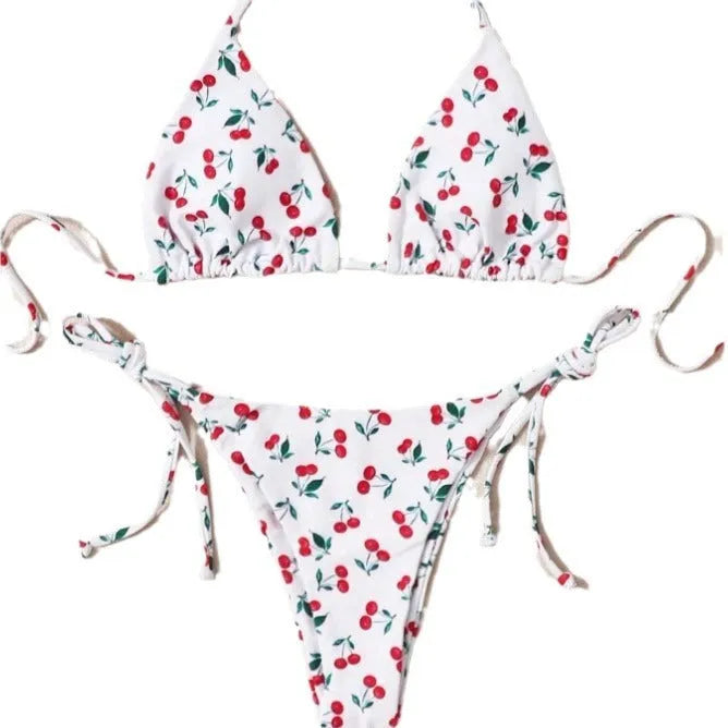 Holiday split halter bikini swimming costume with backless design and solid colour