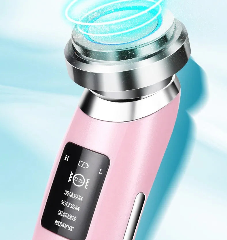 Pink cleansing and rejuvenating beauty instrument showing 185mm length with sonic vibration technology