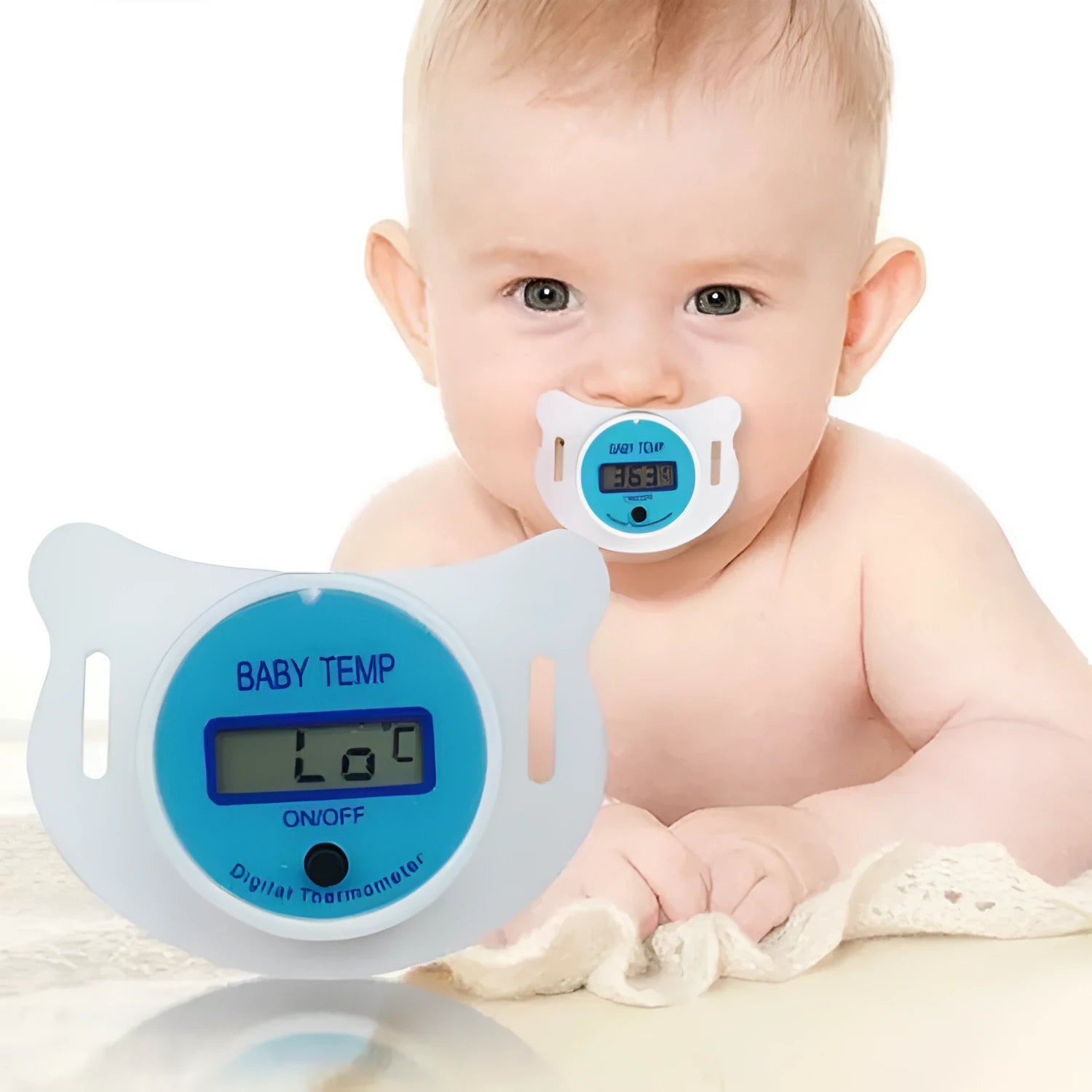 Baby digital pacifier thermometer with LCD display in blue and pink colour options
