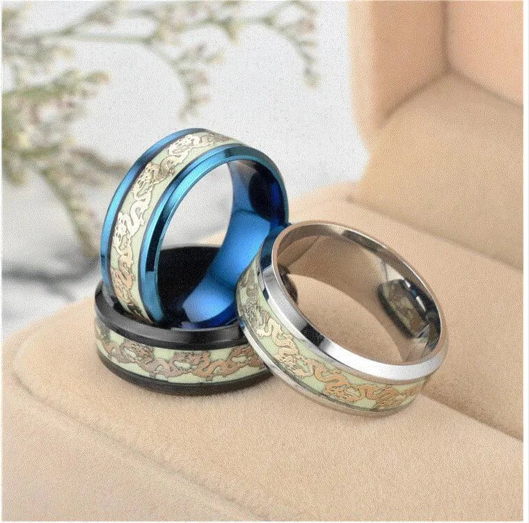 Blue Chinese dragon pattern fluorescent titanium steel ring on white background, epoxy finish, size 10