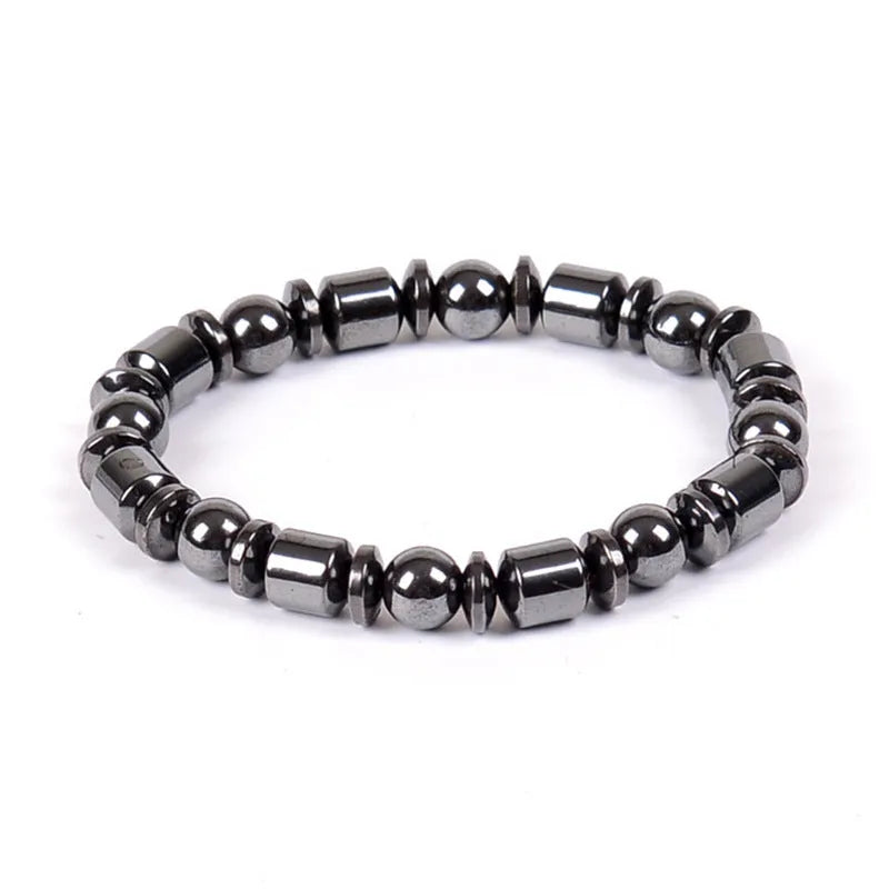 Black stretch bracelet with pentagram stone design, made from magnetite and hematite.