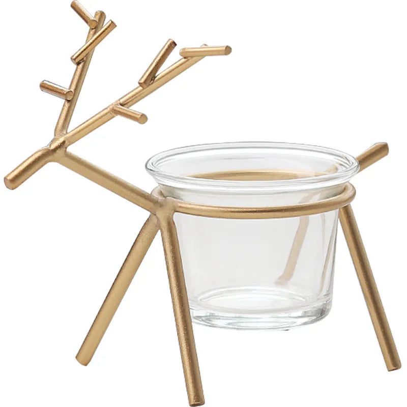 Wrought iron fawn candle holder with electroplated finish and glass cup in black colour